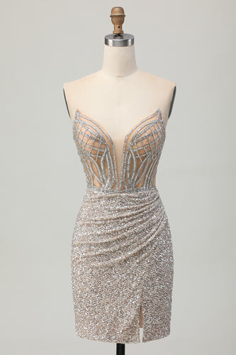 Sparkly Sliver Sequins Bodycon Strapless Short Corset Homecoming Dress