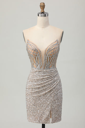 Sparkly Sliver Sequins Bodycon Strapless Short Corset Homecoming Dress
