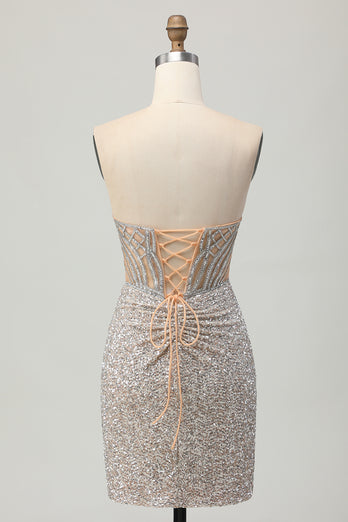 Sparkly Sliver Sequins Bodycon Strapless Short Corset Homecoming Dress