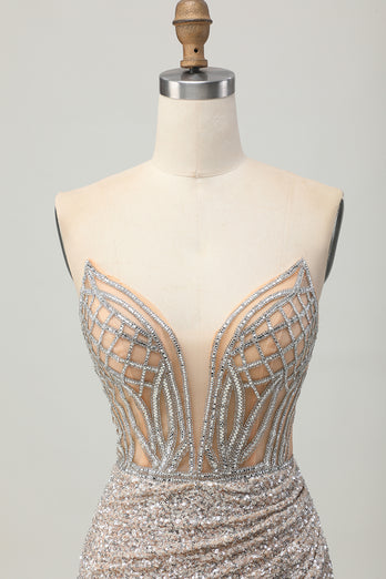 Sparkly Sliver Sequins Bodycon Strapless Short Corset Homecoming Dress
