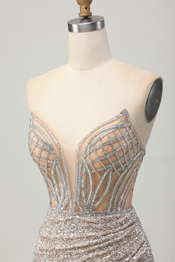 Sparkly Sliver Sequins Bodycon Strapless Short Corset Homecoming Dress