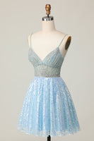 Load image into Gallery viewer, Sparkly Light Blue Spaghetti Straps Sequin Short Homecoming Dress with Beading