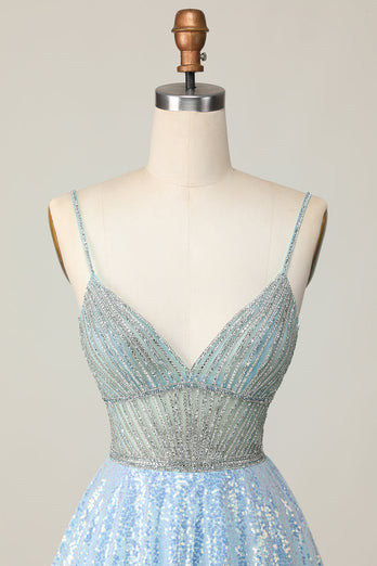 Sparkly Light Blue Spaghetti Straps Sequin Short Homecoming Dress with Beading