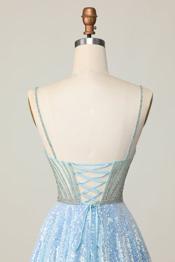 Sparkly Light Blue Spaghetti Straps Sequin Short Homecoming Dress with Beading