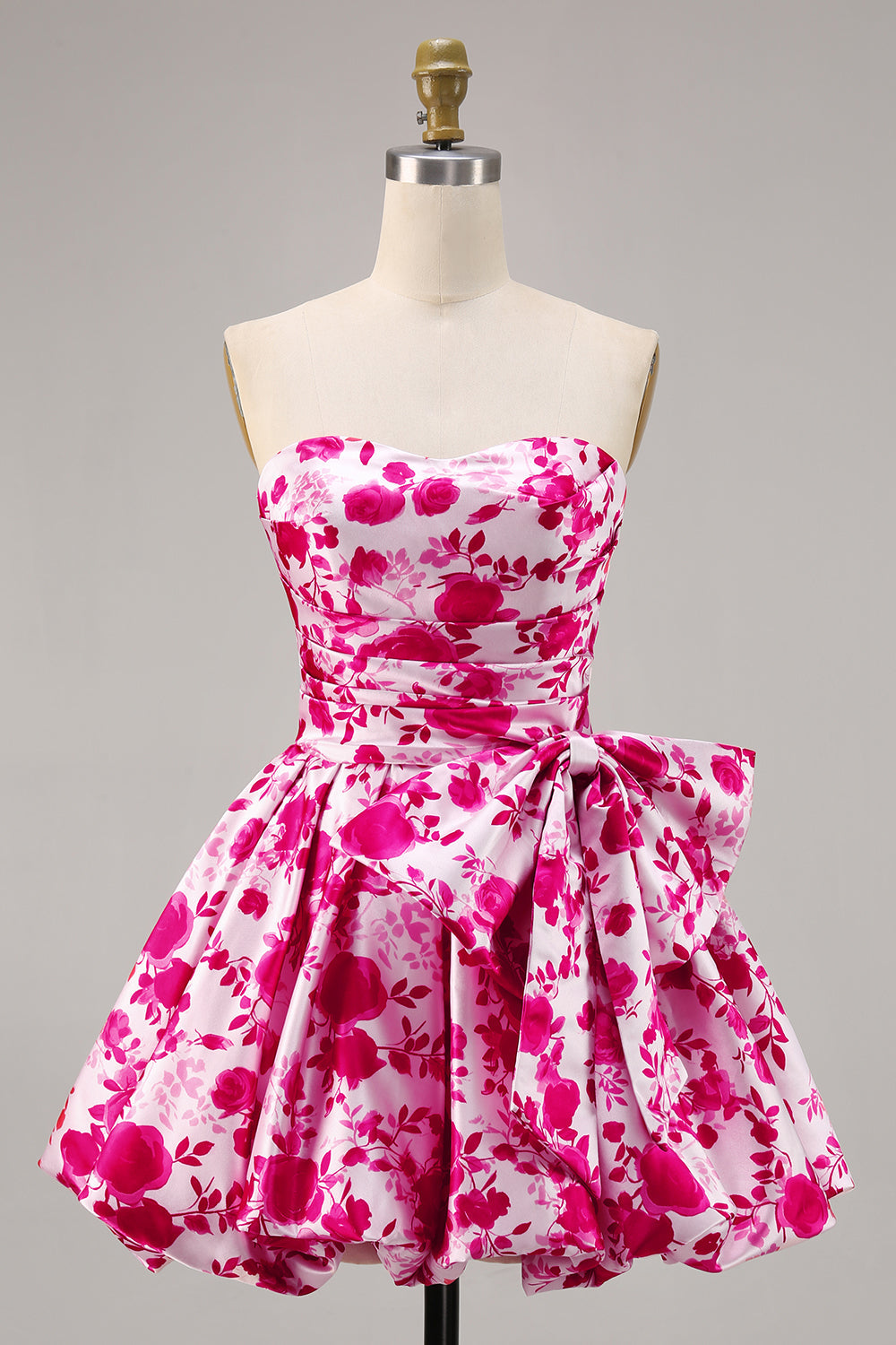 Fuchsia Floral A Line Short Strapless Homecoming Dress with Bow