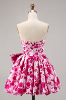 Load image into Gallery viewer, Fuchsia Floral A Line Short Strapless Homecoming Dress with Bow