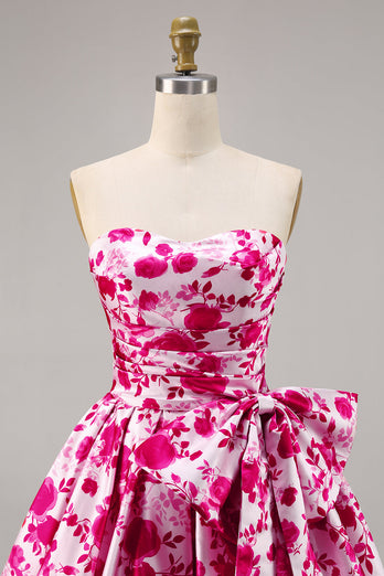 Fuchsia Floral A Line Short Strapless Homecoming Dress with Bow