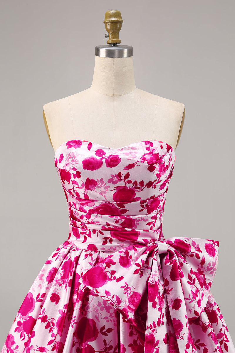 Load image into Gallery viewer, Fuchsia Floral A Line Short Strapless Homecoming Dress with Bow