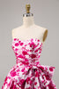 Load image into Gallery viewer, Fuchsia Floral A Line Short Strapless Homecoming Dress with Bow