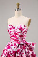 Load image into Gallery viewer, Fuchsia Floral A Line Short Strapless Homecoming Dress with Bow