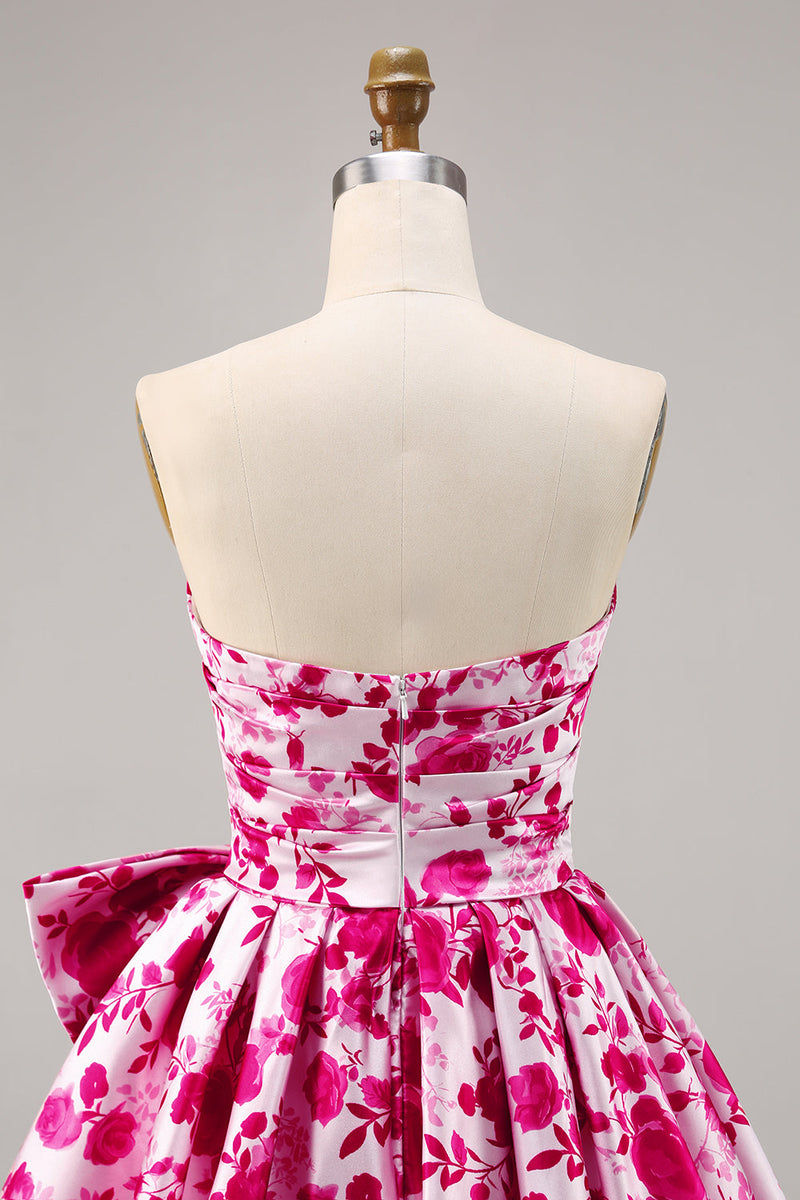 Load image into Gallery viewer, Fuchsia Floral A Line Short Strapless Homecoming Dress with Bow