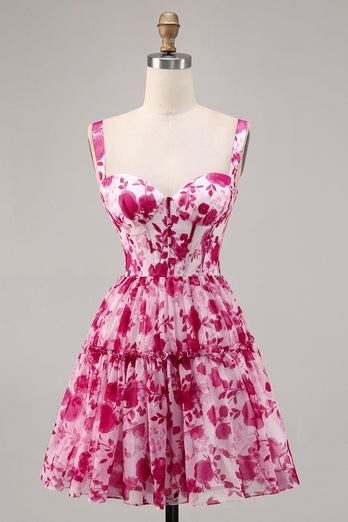 Fuchsia Floral Corset A Line Short Chiffon Homecoming Dress