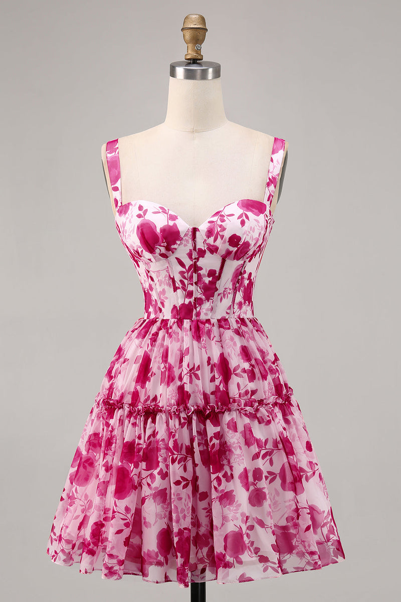 Load image into Gallery viewer, Fuchsia Floral Corset A Line Short Chiffon Homecoming Dress