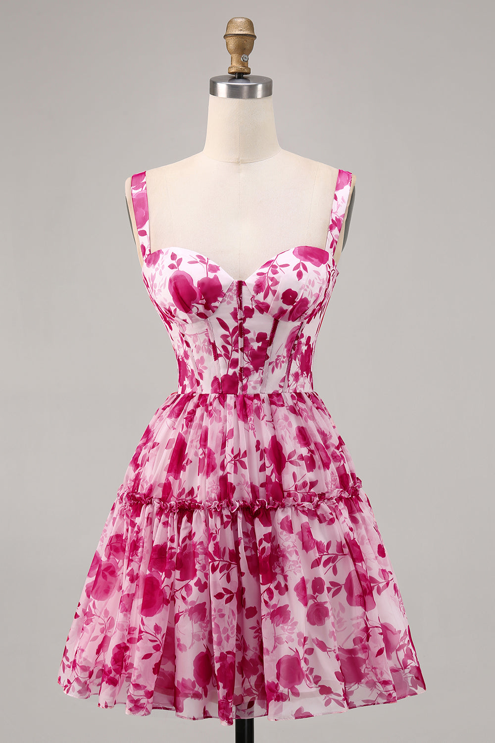 Fuchsia Floral Corset A Line Short Chiffon Homecoming Dress