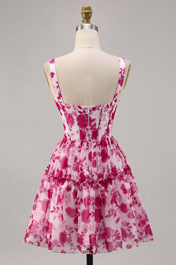 Fuchsia Floral Corset A Line Short Chiffon Homecoming Dress