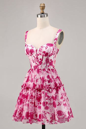 Fuchsia Floral Corset A Line Short Chiffon Homecoming Dress