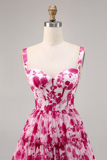 Fuchsia Floral Corset A Line Short Chiffon Homecoming Dress