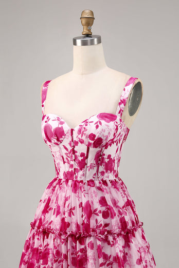 Fuchsia Floral Corset A Line Short Chiffon Homecoming Dress