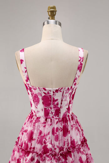 Fuchsia Floral Corset A Line Short Chiffon Homecoming Dress