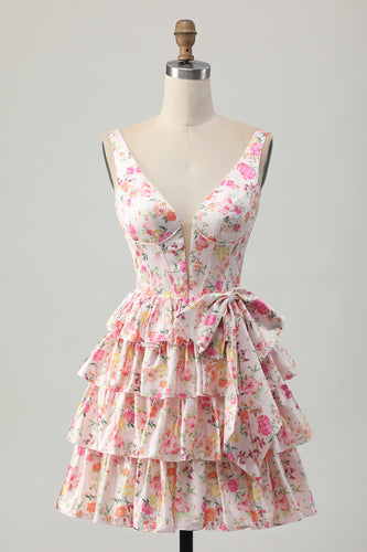 Floral Pink A Line Tiered Short Corset Homecoming Dress with Bow