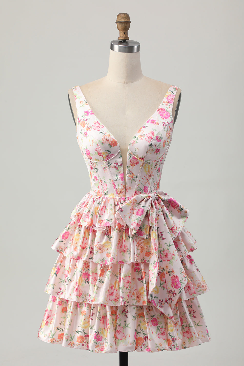 Floral Pink A Line Tiered Short Corset Homecoming Dress with Bow