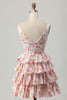 Load image into Gallery viewer, Floral Pink A Line Tiered Short Corset Homecoming Dress with Bow