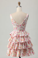 Load image into Gallery viewer, Floral Pink A Line Tiered Short Corset Homecoming Dress with Bow