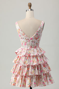 Floral Pink A Line Tiered Short Corset Homecoming Dress with Bow