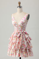 Load image into Gallery viewer, Floral Pink A Line Tiered Short Corset Homecoming Dress with Bow