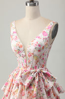 Load image into Gallery viewer, Floral Pink A Line Tiered Short Corset Homecoming Dress with Bow