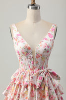 Load image into Gallery viewer, Floral Pink A Line Tiered Short Corset Homecoming Dress with Bow