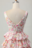 Load image into Gallery viewer, Floral Pink A Line Tiered Short Corset Homecoming Dress with Bow
