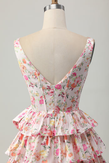 Floral Pink A Line Tiered Short Corset Homecoming Dress with Bow
