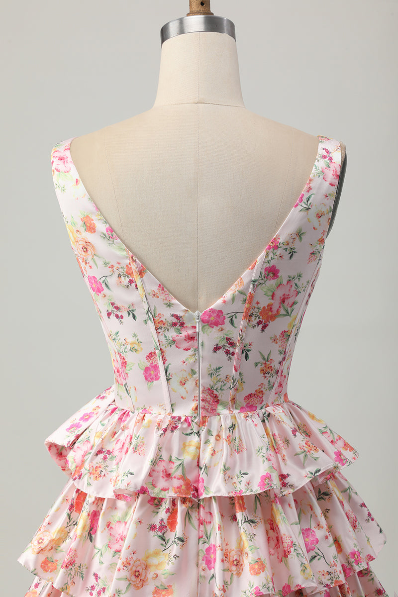 Load image into Gallery viewer, Floral Pink A Line Tiered Short Corset Homecoming Dress with Bow