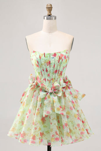 Green Floral Short Corset Strapless Homecoming Dress with Bows