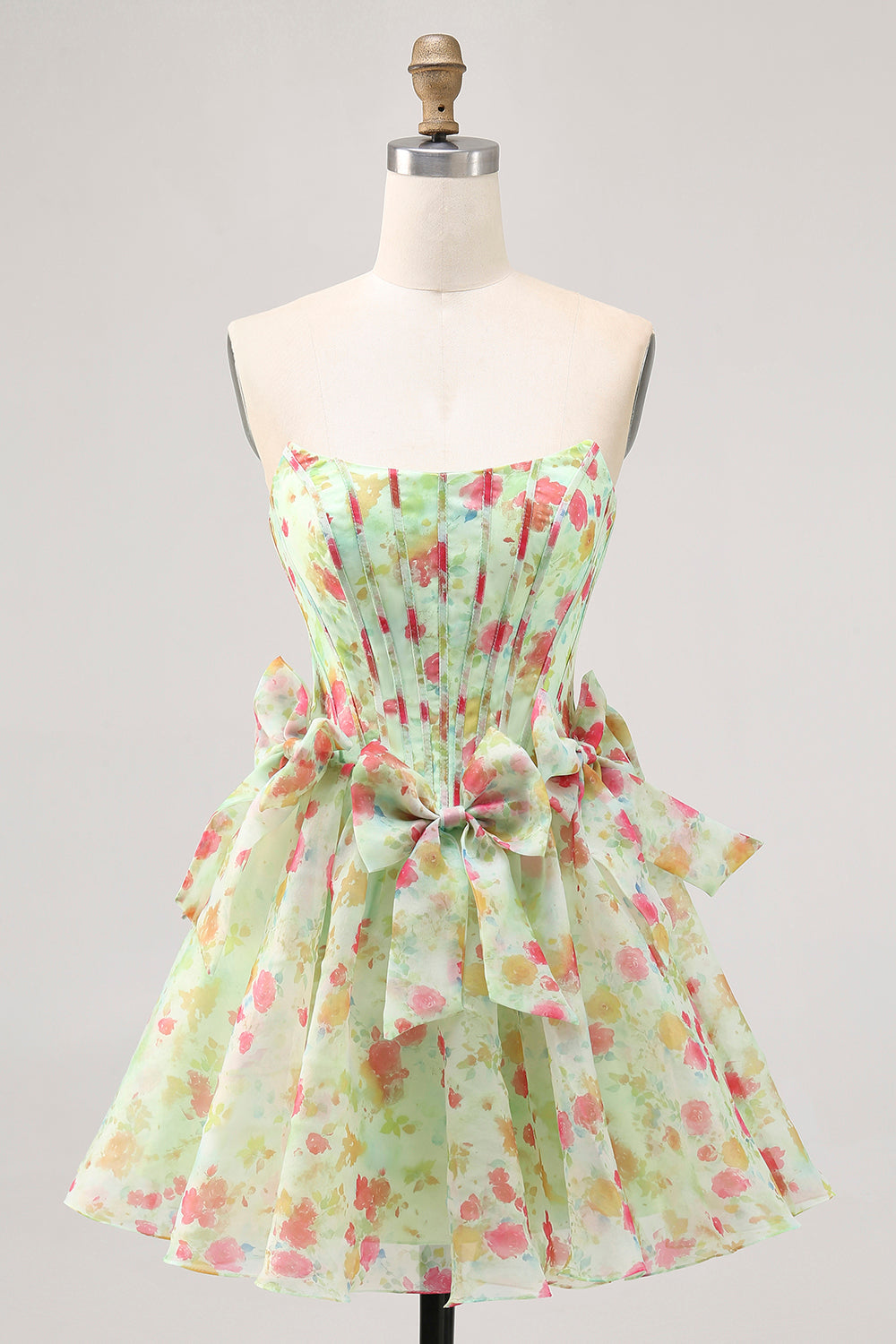 Green Floral Short Corset Strapless Homecoming Dress with Bows