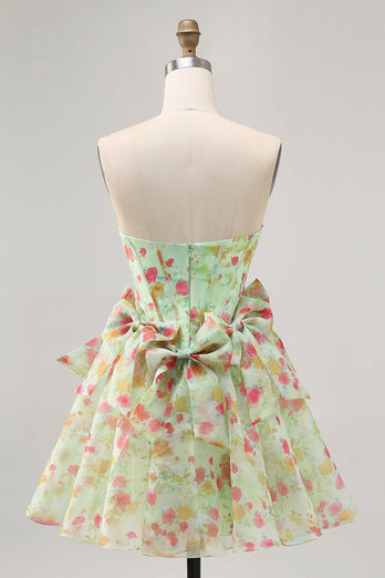 Green Floral Short Corset Strapless Homecoming Dress with Bows