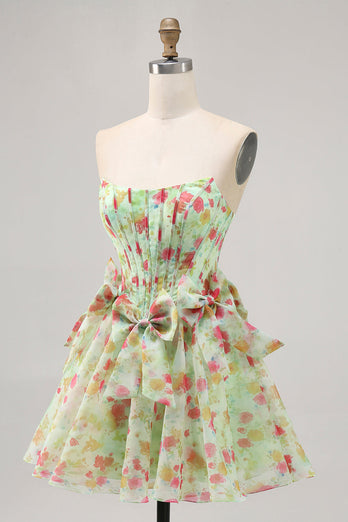 Green Floral Short Corset Strapless Homecoming Dress with Bows