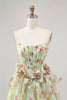 Load image into Gallery viewer, Green Floral Short Corset Strapless Homecoming Dress with Bows