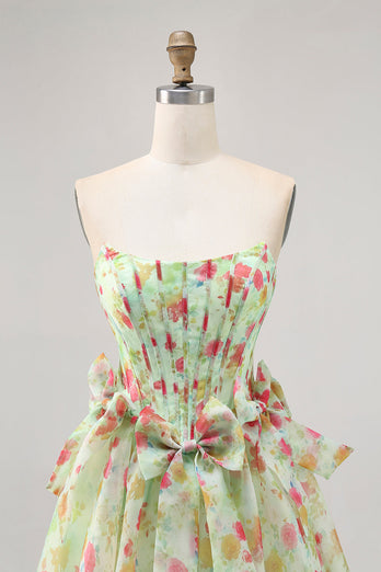 Green Floral Short Corset Strapless Homecoming Dress with Bows