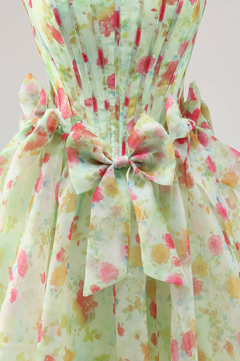 Green Floral Short Corset Strapless Homecoming Dress with Bows