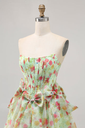 Green Floral Short Corset Strapless Homecoming Dress with Bows