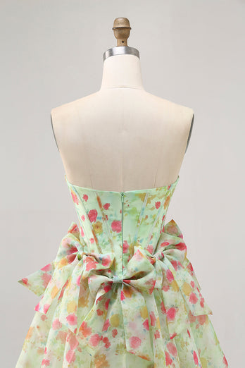 Green Floral Short Corset Strapless Homecoming Dress with Bows
