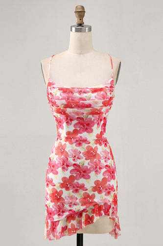 Red Floral Short Ruched Tight Homecoming Dress with Ruffles
