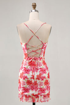 Red Floral Short Ruched Tight Homecoming Dress with Ruffles