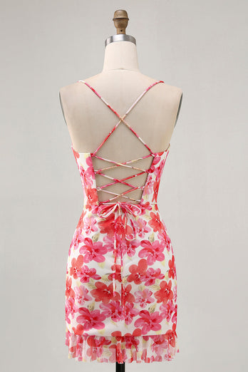 Red Floral Short Ruched Tight Homecoming Dress with Ruffles