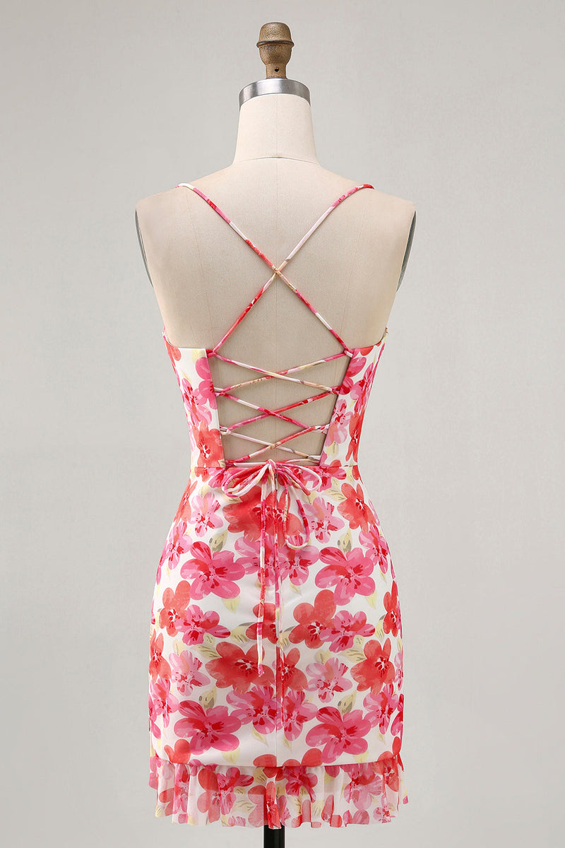 Load image into Gallery viewer, Red Floral Short Ruched Tight Homecoming Dress with Ruffles