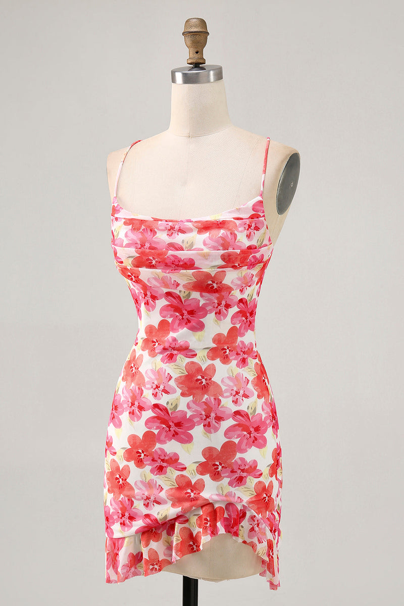 Load image into Gallery viewer, Red Floral Short Ruched Tight Homecoming Dress with Ruffles