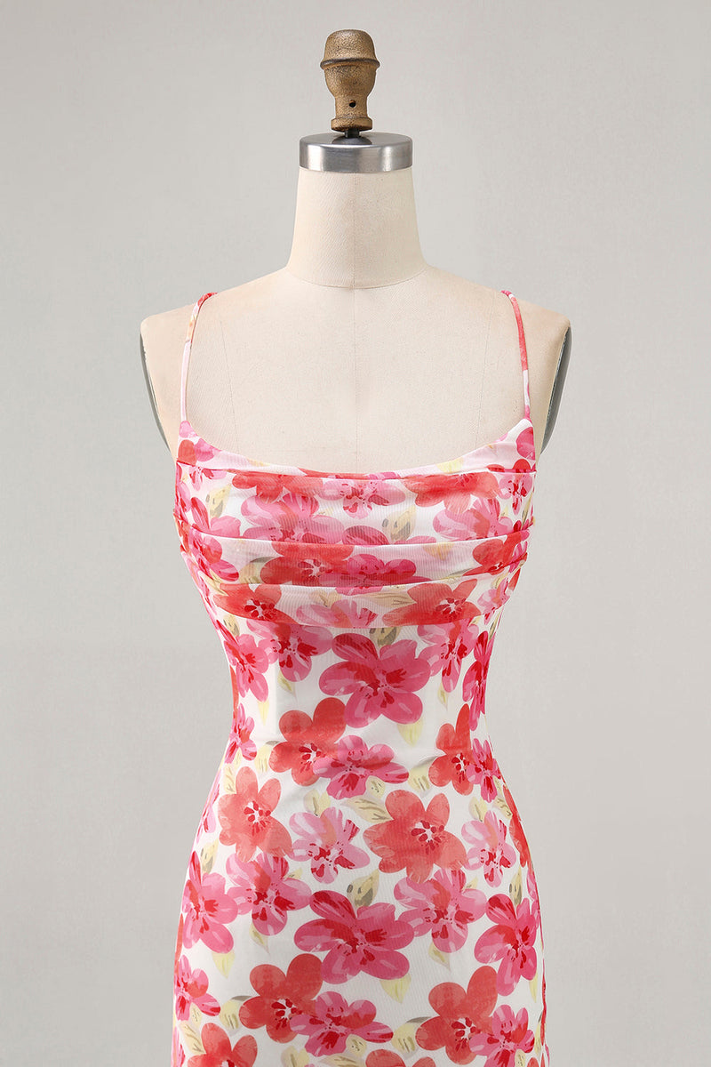 Load image into Gallery viewer, Red Floral Short Ruched Tight Homecoming Dress with Ruffles