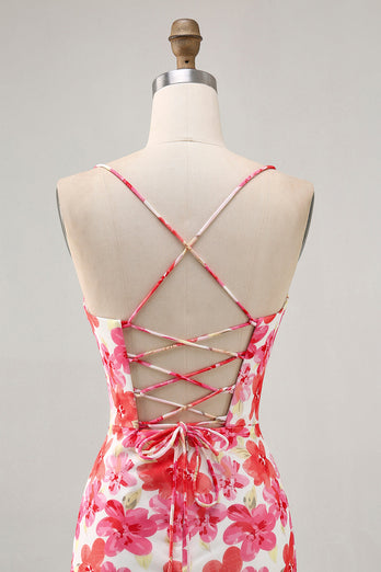 Red Floral Short Ruched Tight Homecoming Dress with Ruffles
